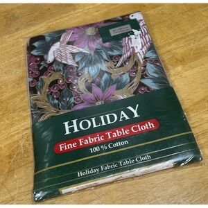 Christmas Holiday Fabric Tablecloth Purple Turquoise Birds Poinsettias 60x84" Ov